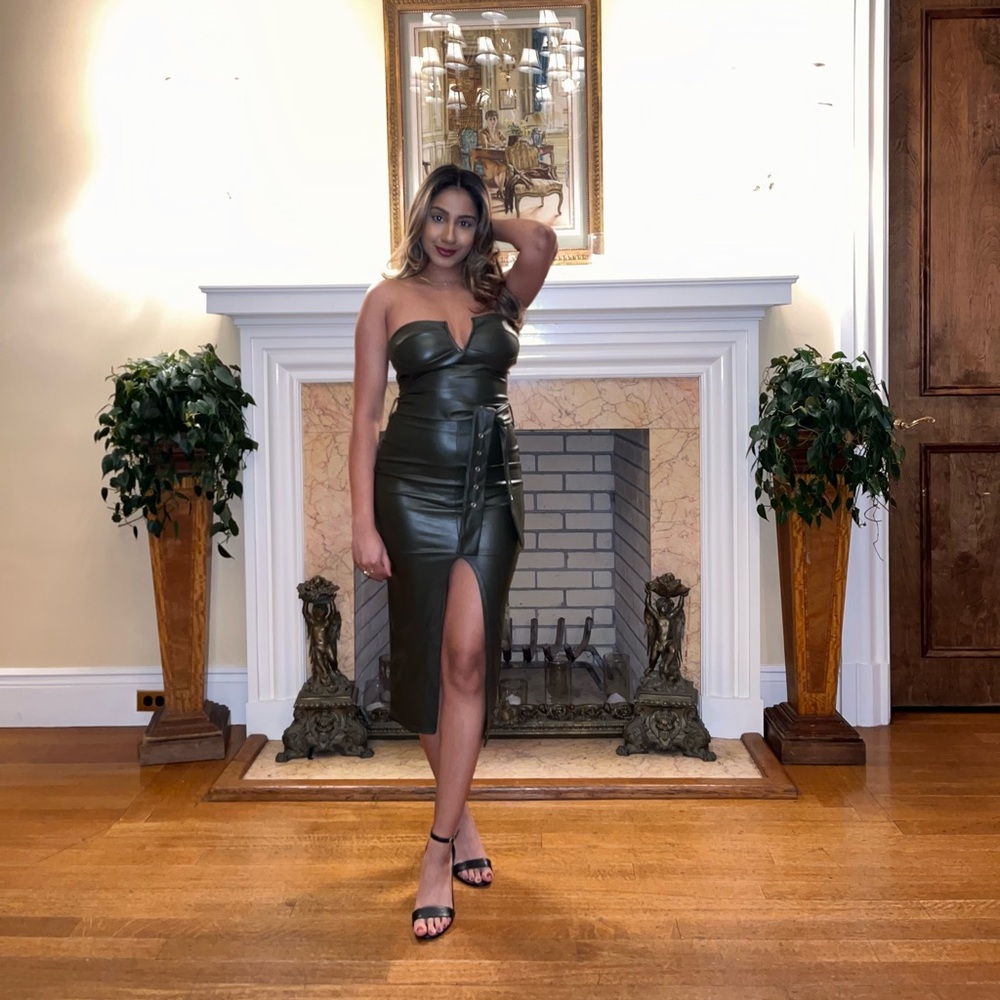 Pretty Little Thing Green Faux Leather Belted Dress